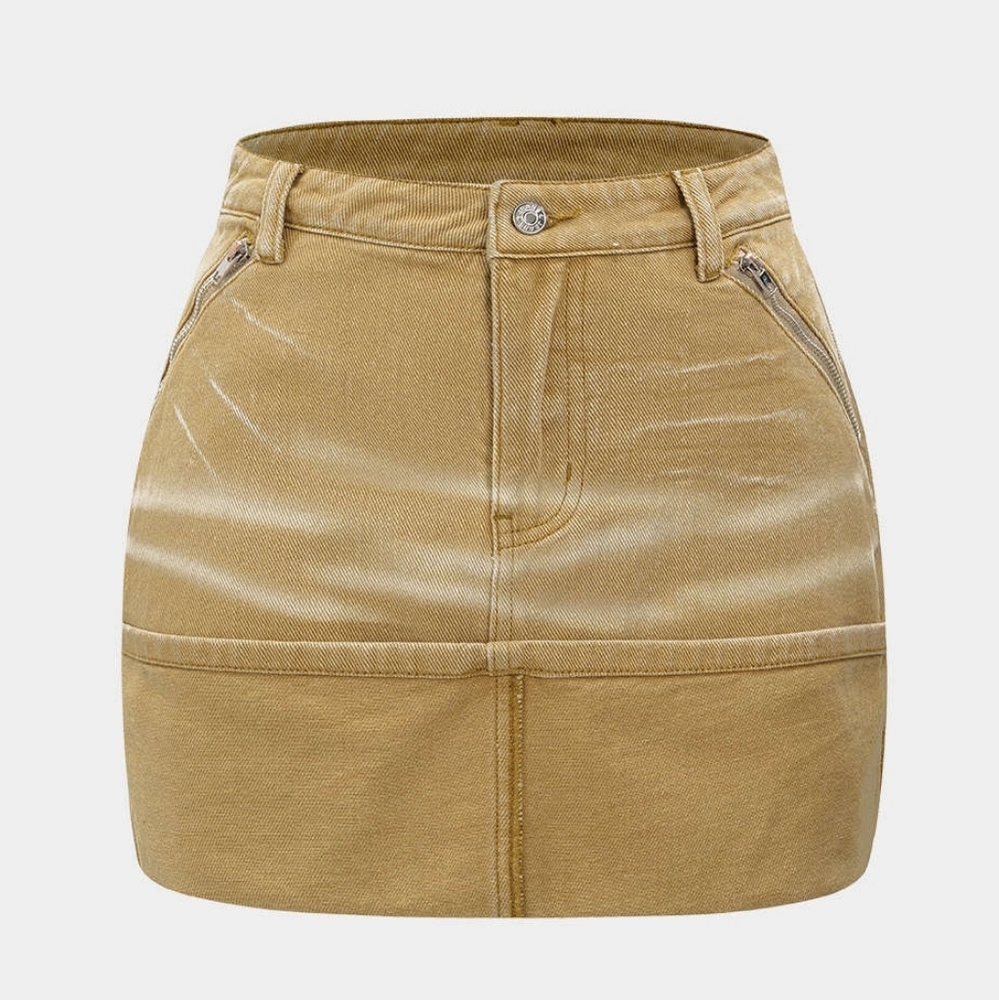 MICAS Tan Denim Skirt with Zipper Pockets
